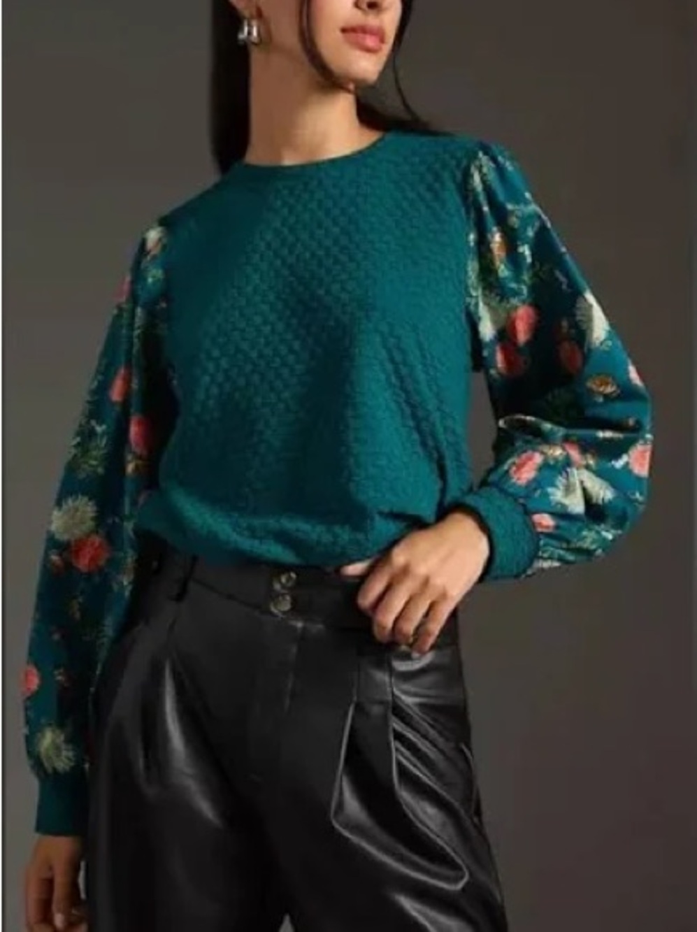 Anthropologie Porridge Textured Sweatshirt Size Large green floral sleeve